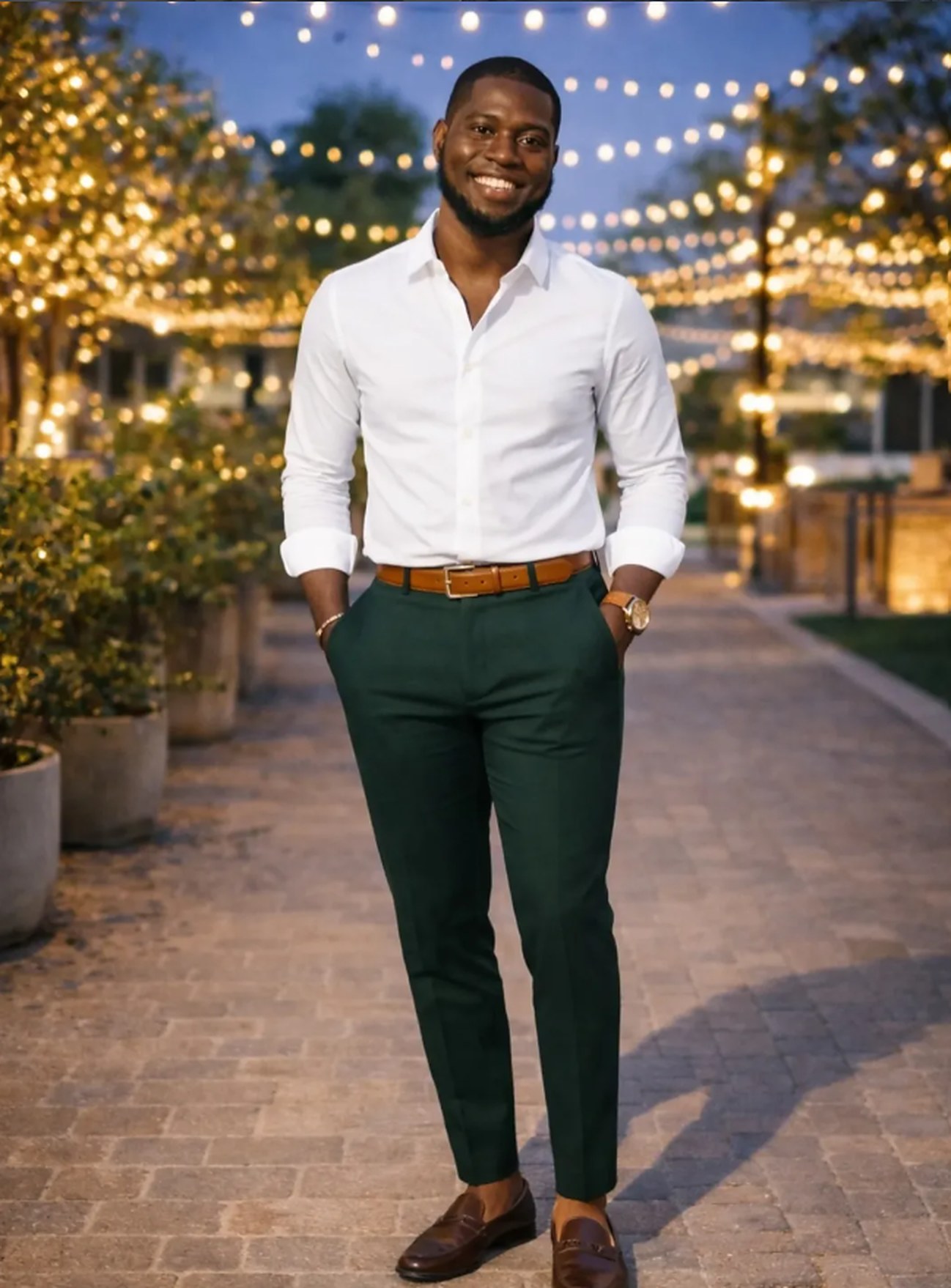 Jahmone Salmon in a white shirt under evening string lights